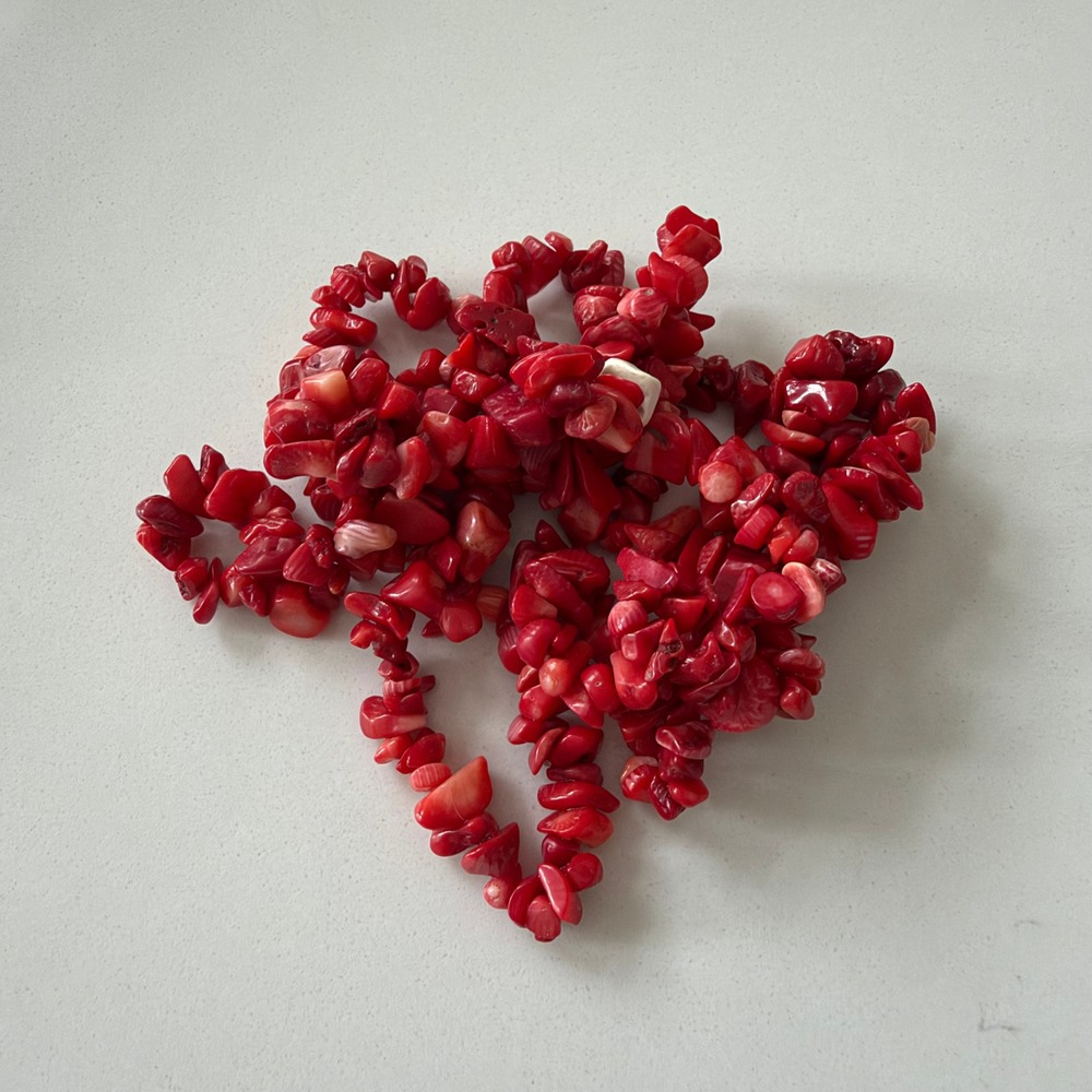 Vintage Red Coral Style Chip Bead Necklace Long 36 Inch Strand Organic Statement